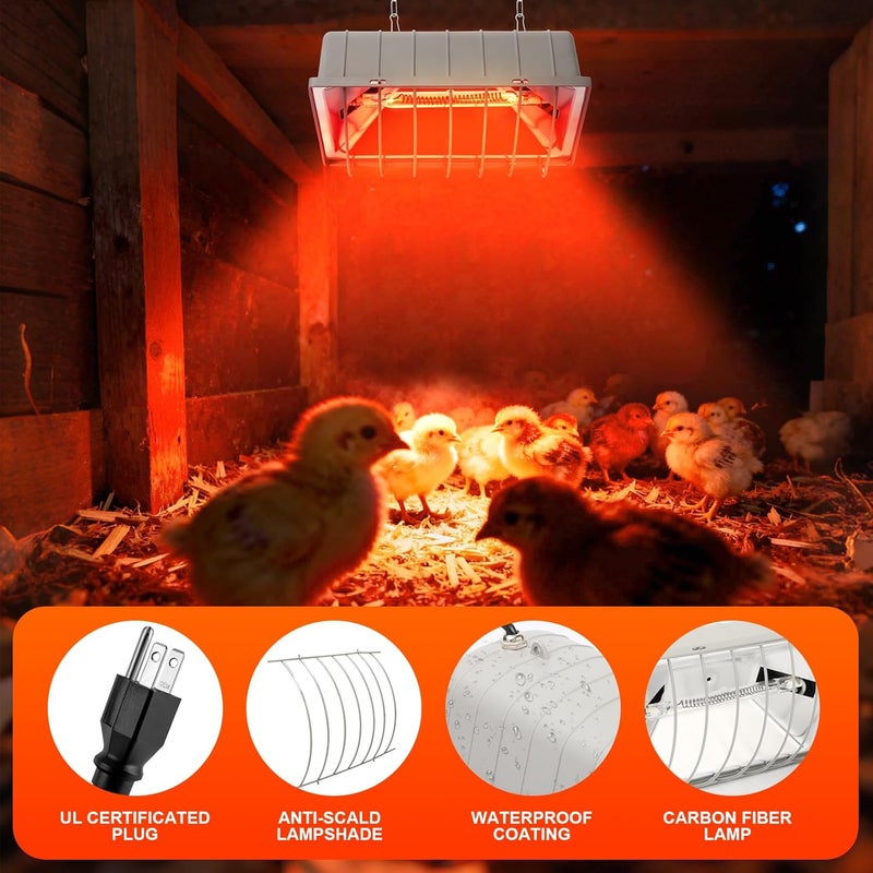 WISMOIER Chicken Coop Heat Lamp Carbon Fiber Tube,Adjustable 2-Level Temperature Brooder Heater Lamps for Chicks,Hanging Chicken Warmer for Livestock Dog Kennel,Cat House,Rectangle 175W/275W - Image 4